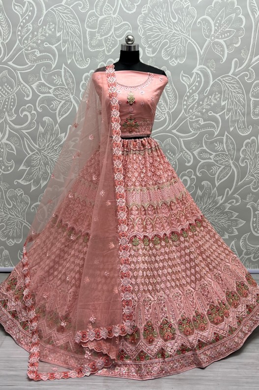 Designer Heavy Bridal Lehenga With Multi Thread Embroidery Work & Diamond work On Net